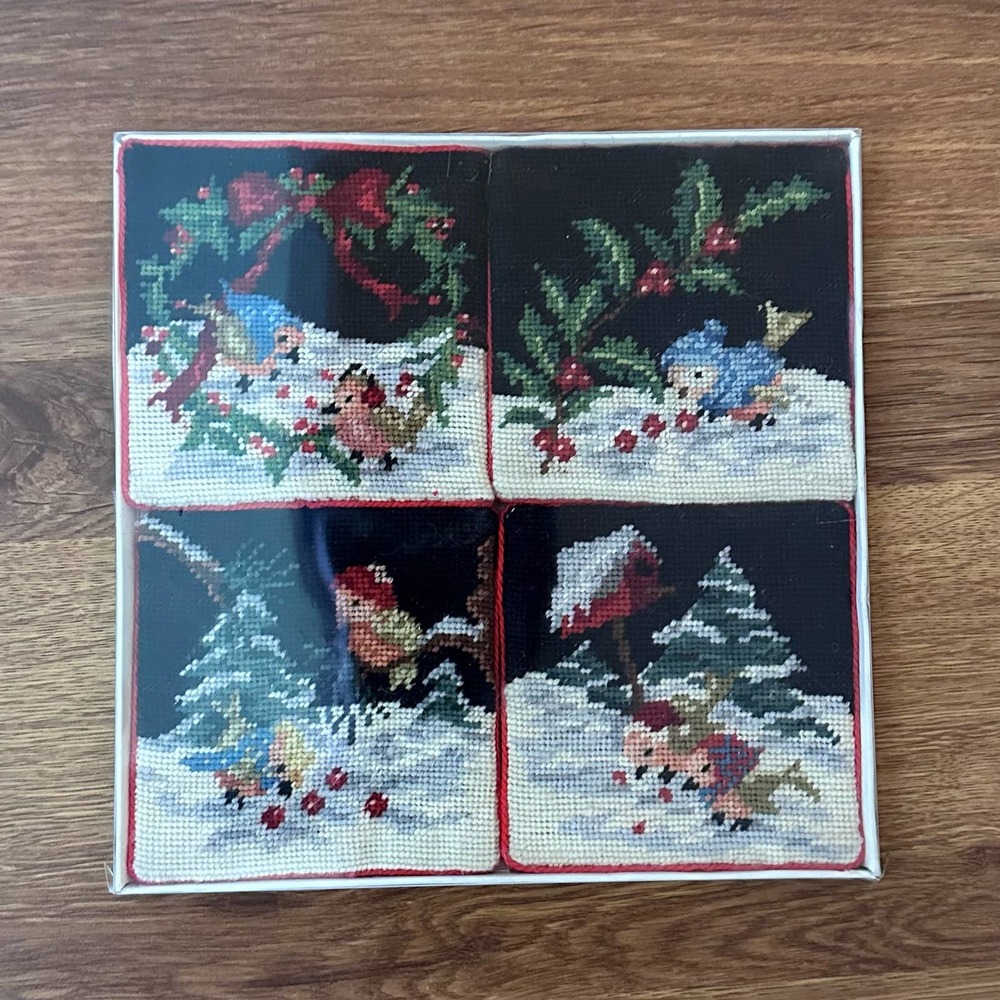 Vintage 90s Steinwinder Needle Point Christmas Coasters set of 4